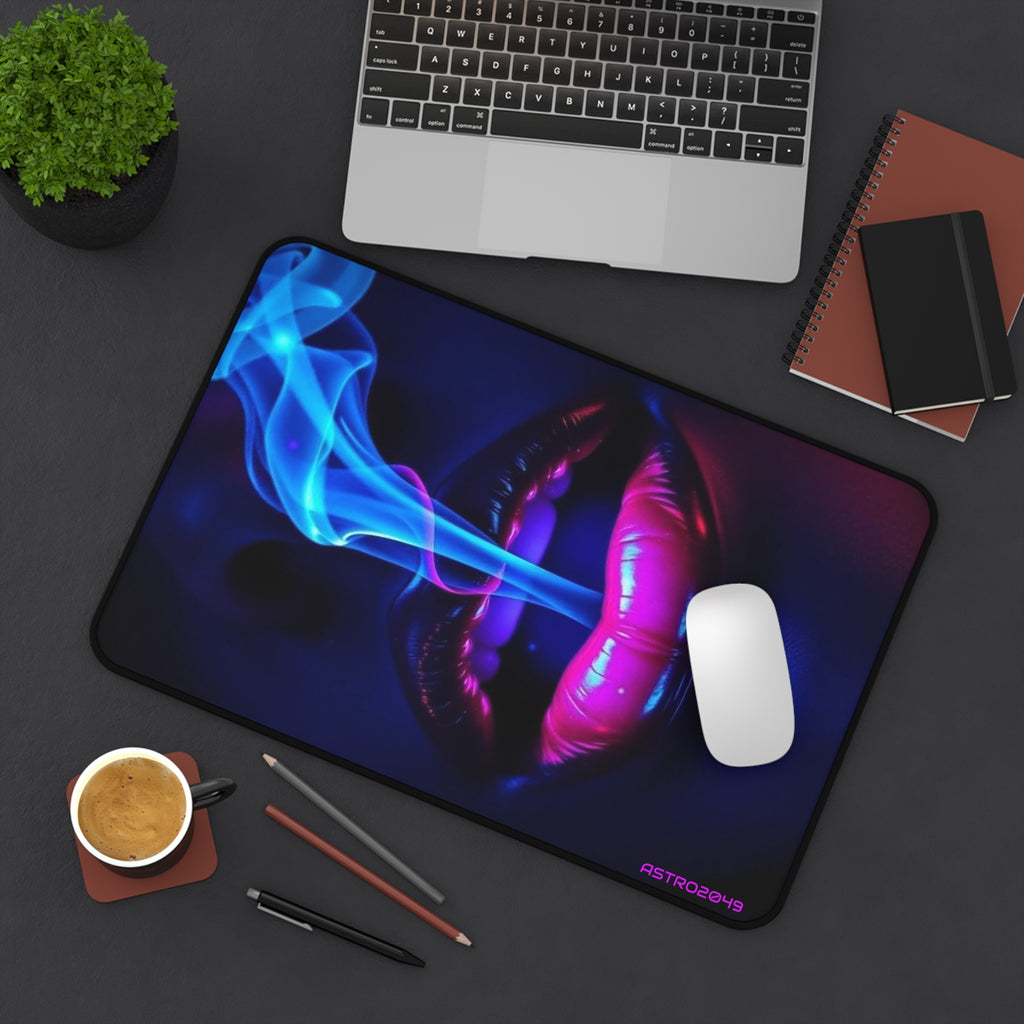 Neon Lips desk mat on a desk with keyboard and mouse, view 5 of 9