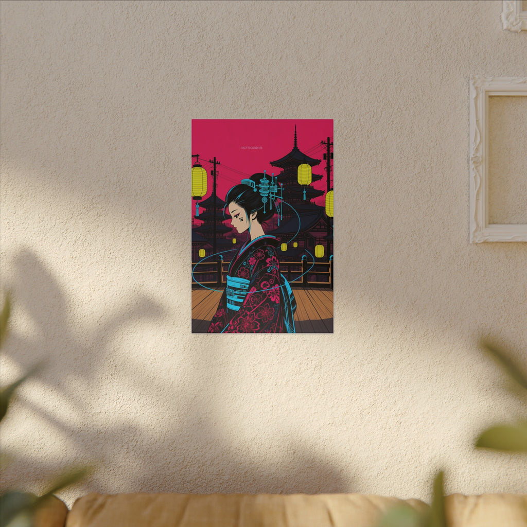 Lantern Bridge Geisha canvas hanging above a dark gaming desk with neon lighting, view 7 of 8