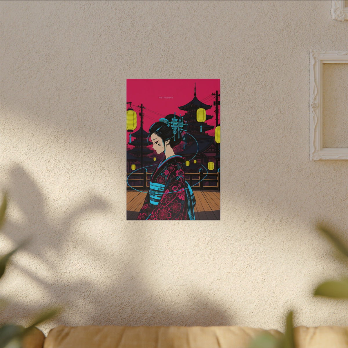 Lantern Bridge Geisha canvas hanging above a dark gaming desk with neon lighting, view 7 of 8
