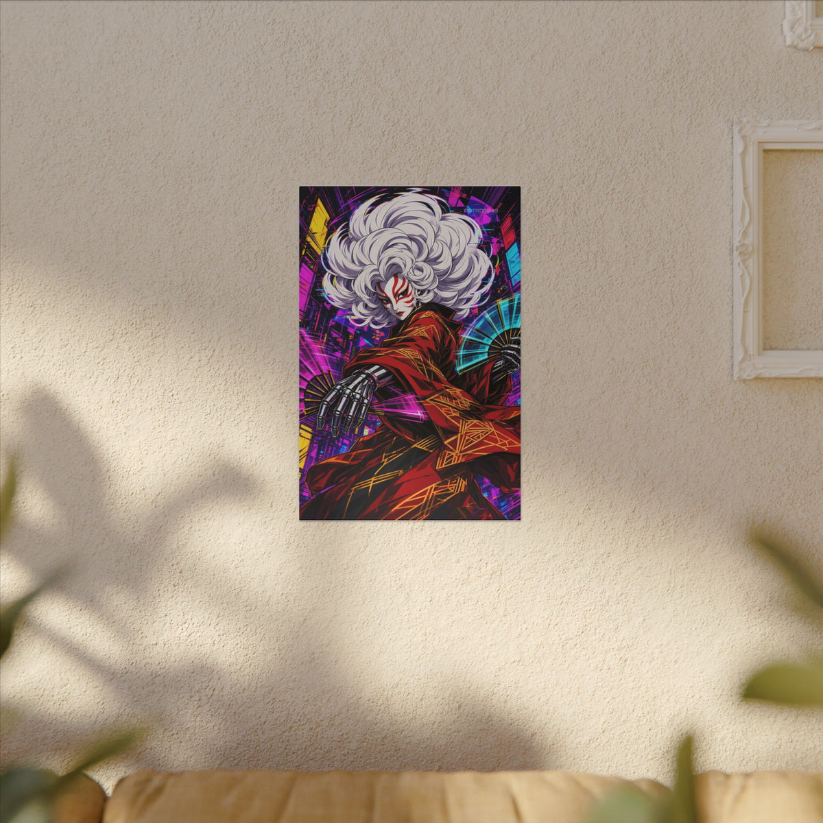 Kabuki Glitch Dancer canvas hanging above a dark gaming desk with neon lighting, view 7 of 8