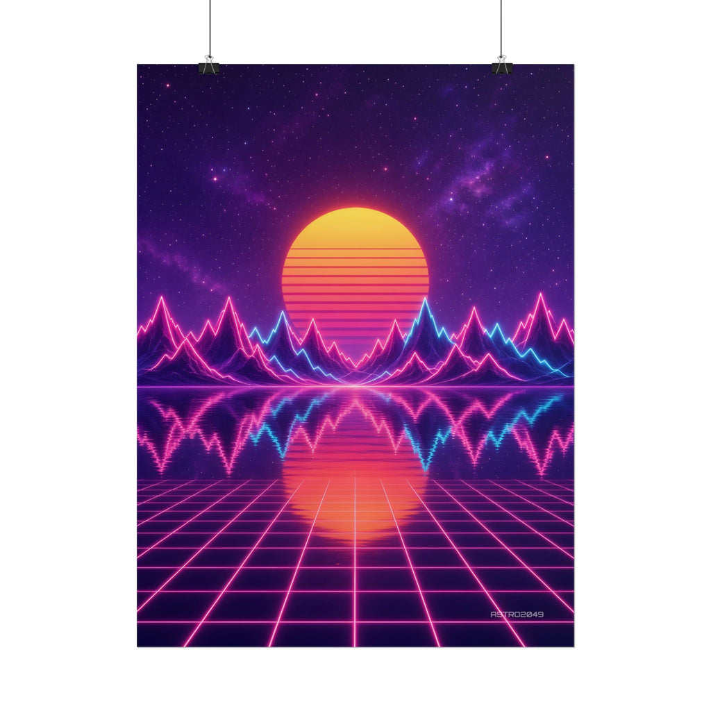 Waveform Sunset poster hanging above a dark gaming desk with neon lighting, view 6 of 8
