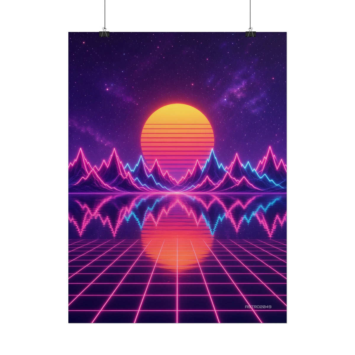 Waveform Sunset poster hanging above a dark gaming desk with neon lighting, view 6 of 8