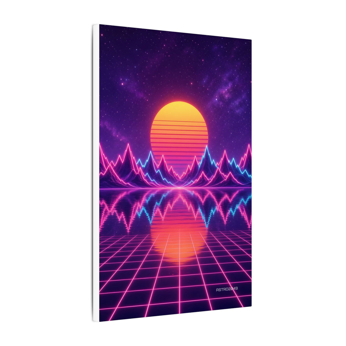 Waveform Sunset canvas hanging above a dark gaming desk with neon lighting, view 6 of 8