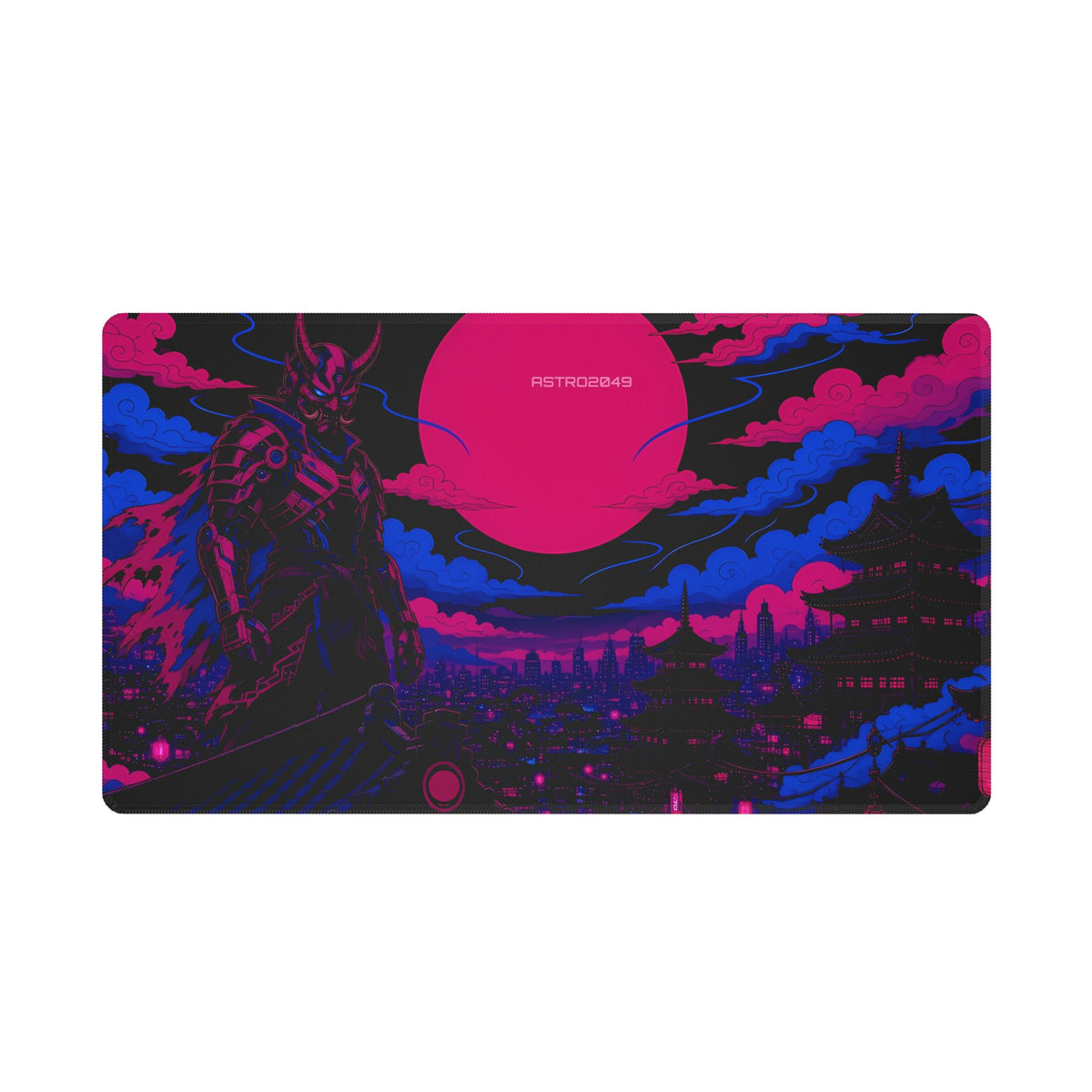 Anime-style horned oni warlord in samurai armour on a temple rooftop with a big red sun, magenta clouds and a dark indigo city, desk mat by ASTRO2049