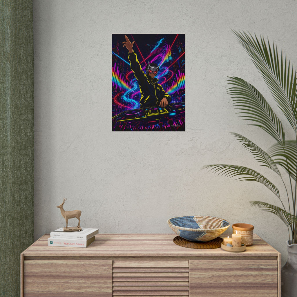 Bassline Oni DJ poster hanging above a dark gaming desk with neon lighting, view 8 of 8
