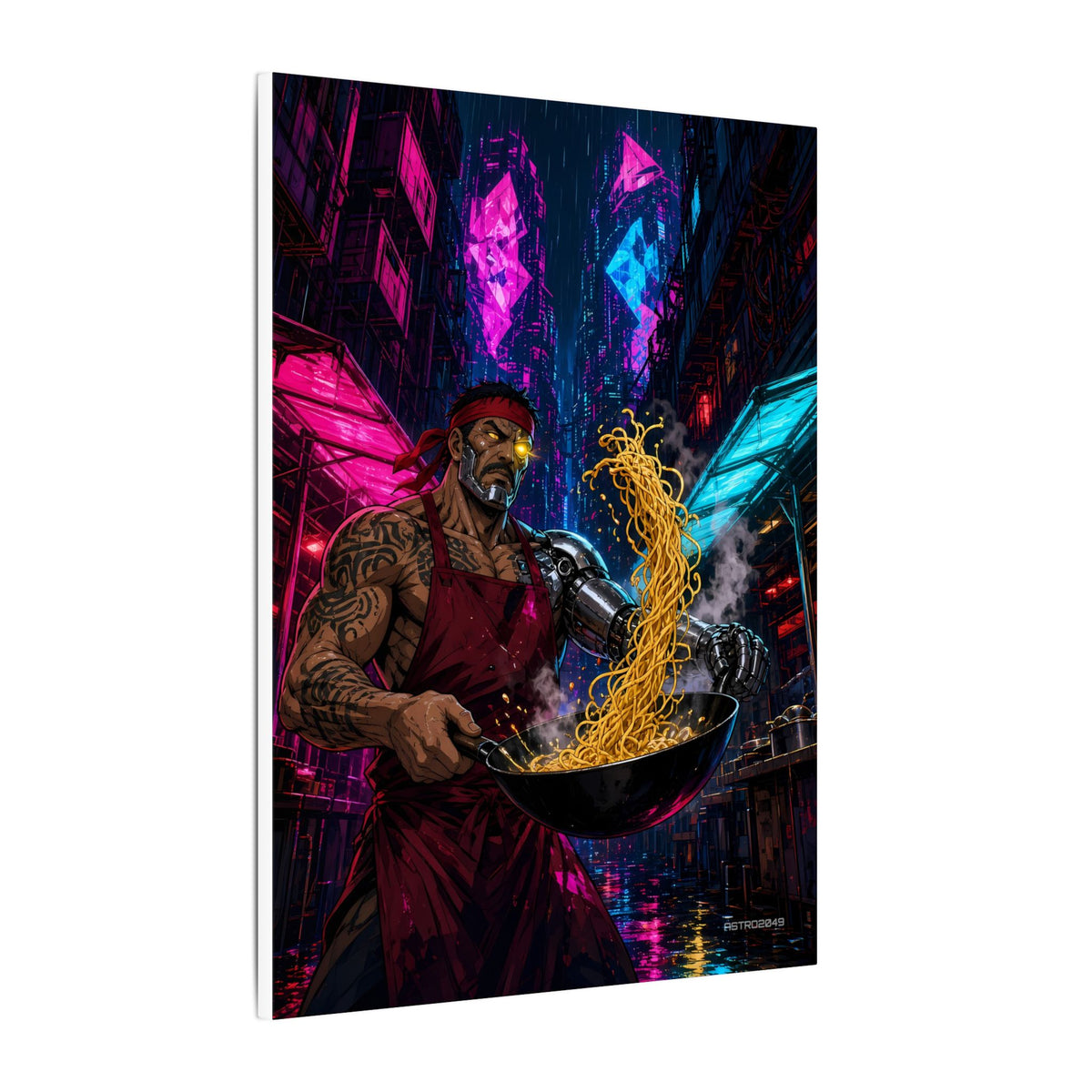 Noodle Bar 2049 canvas hanging above a dark gaming desk with neon lighting, view 3 of 8