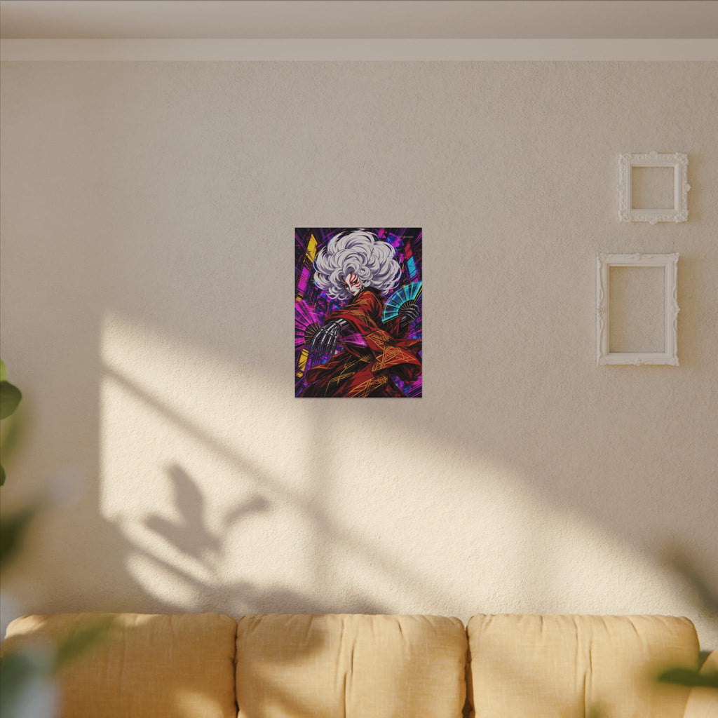 Kabuki Glitch Dancer canvas hanging above a dark gaming desk with neon lighting, view 4 of 8
