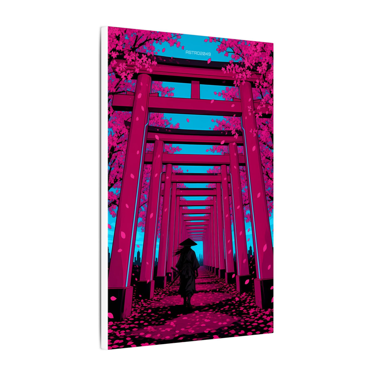 Torii Tunnel Samurai canvas hanging above a dark gaming desk with neon lighting, view 6 of 8