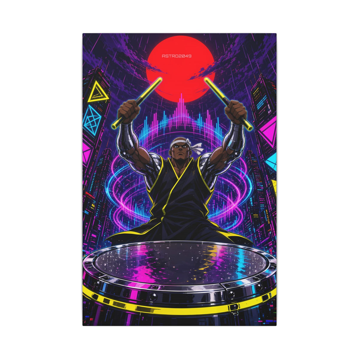 Taiko Thunder 2049 canvas hanging above a dark gaming desk with neon lighting, view 2 of 8