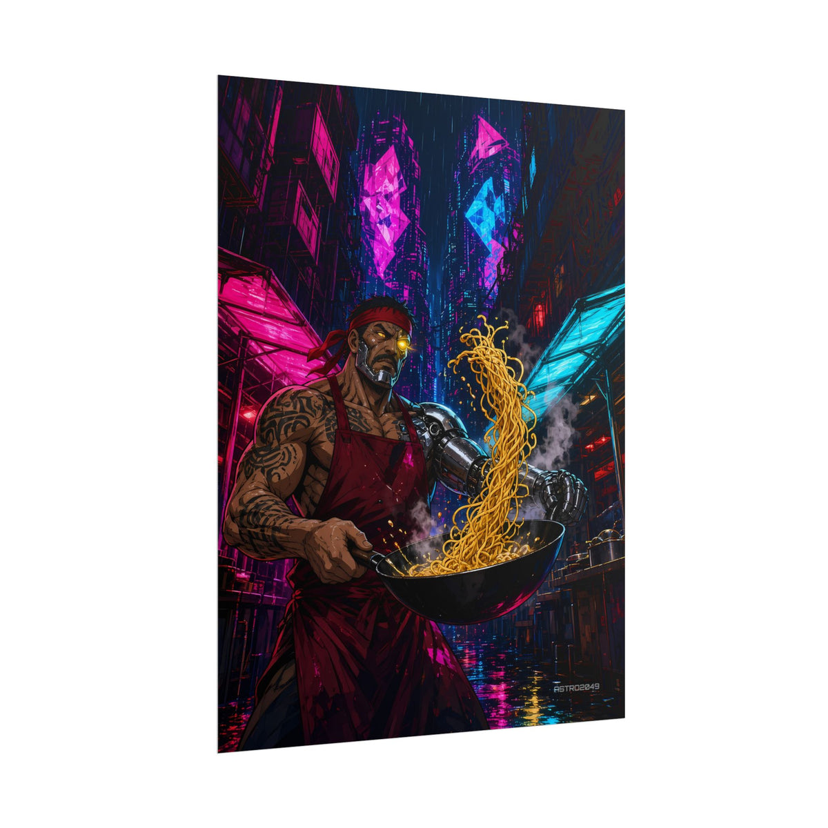 Noodle Bar 2049 poster hanging above a dark gaming desk with neon lighting, view 7 of 8