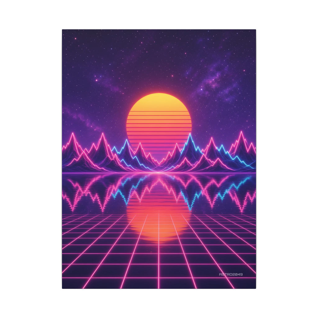 Vertical synthwave art of a huge striped sun setting behind waveform-shaped neon mountains and a calm violet sea, canvas by ASTRO2049