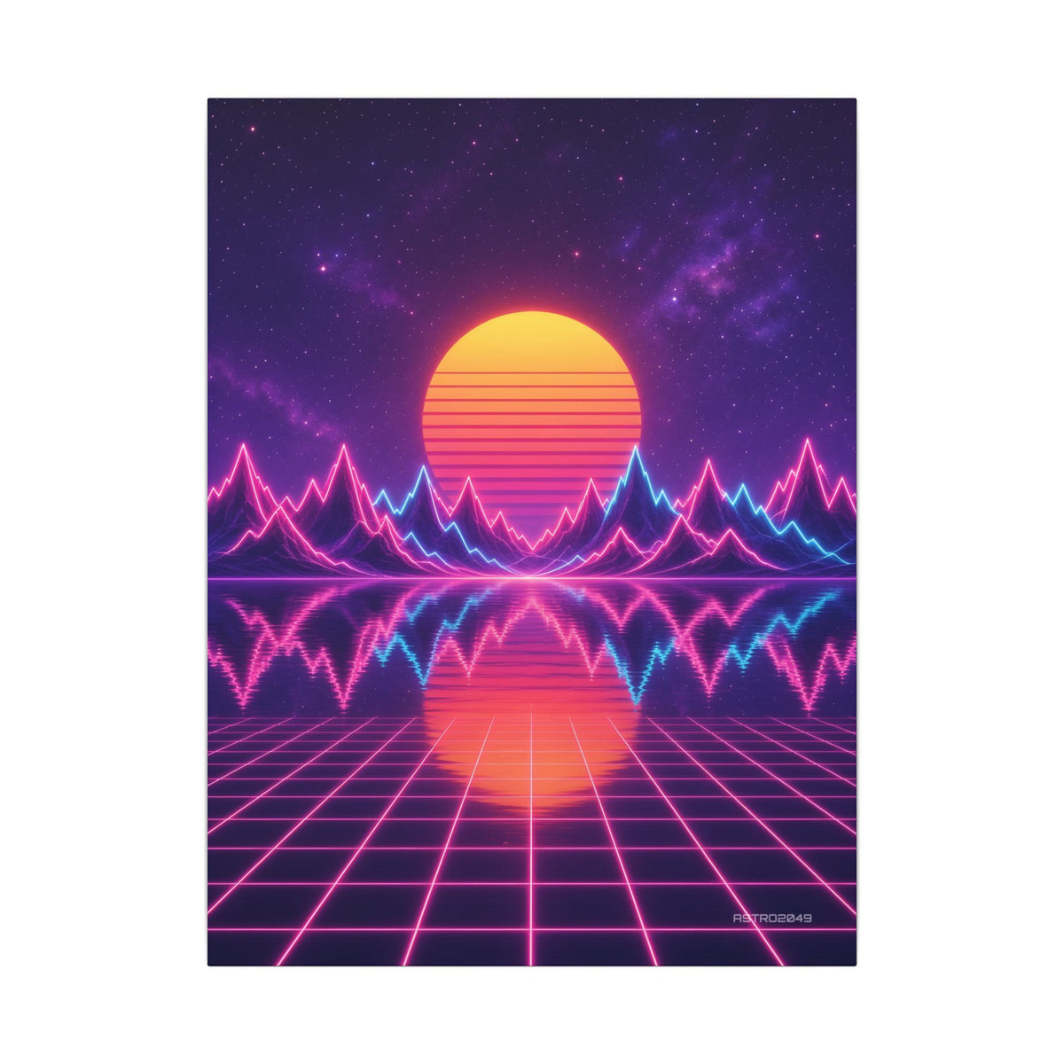 Vertical synthwave art of a huge striped sun setting behind waveform-shaped neon mountains and a calm violet sea, canvas by ASTRO2049