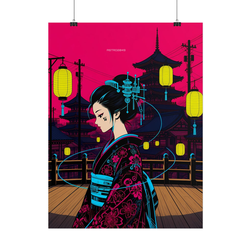 Lantern Bridge Geisha poster hanging above a dark gaming desk with neon lighting, view 6 of 8