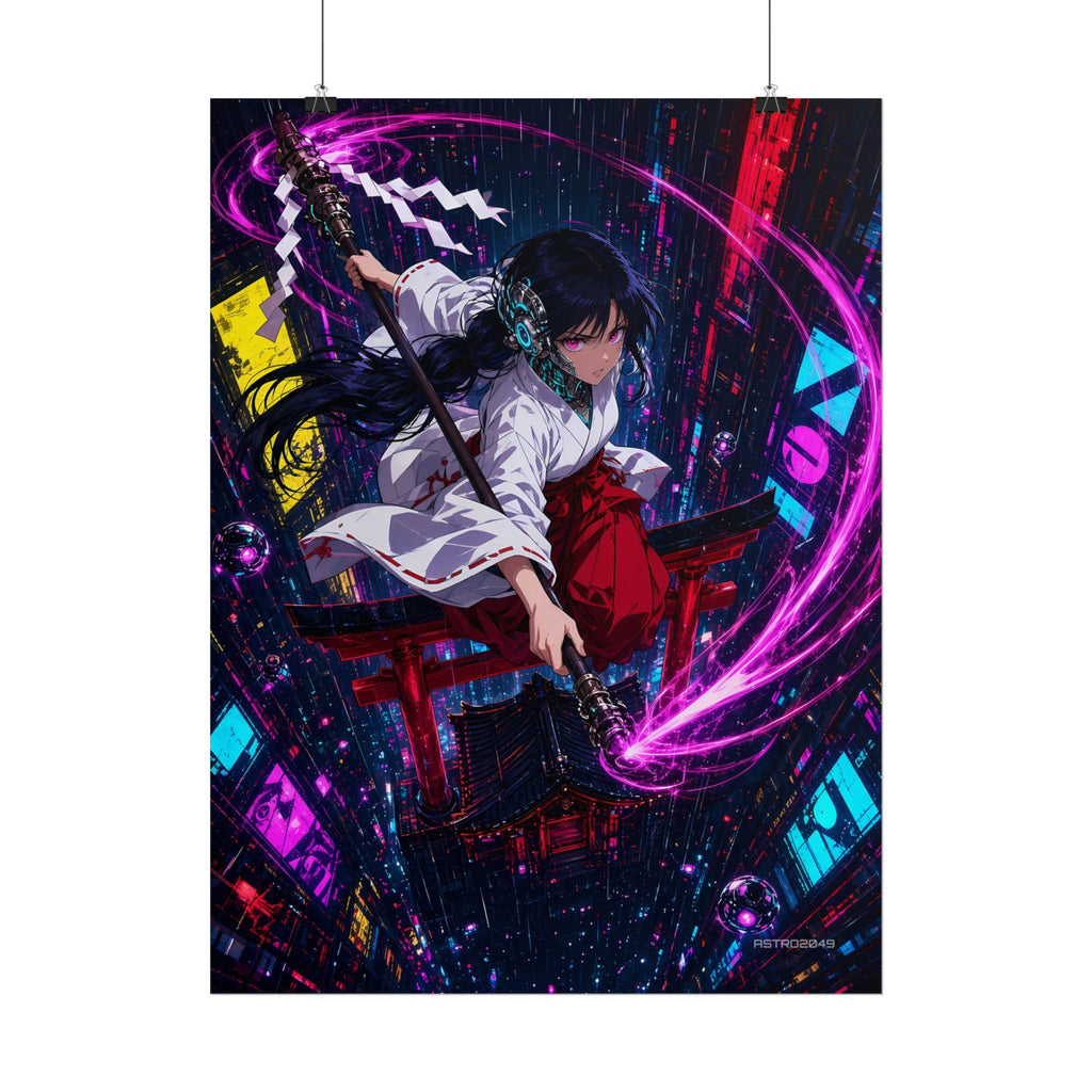 Neon Shrine Maiden poster hanging above a dark gaming desk with neon lighting, view 6 of 8