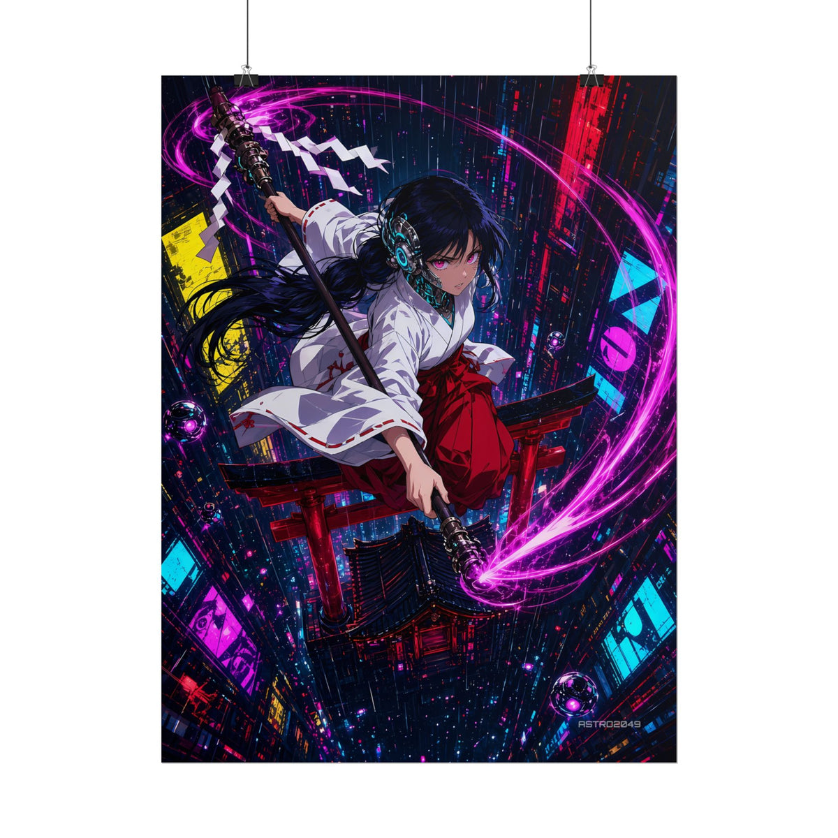 Neon Shrine Maiden poster hanging above a dark gaming desk with neon lighting, view 6 of 8