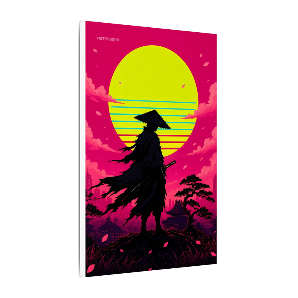 Retrowave Sun Ronin canvas hanging above a dark gaming desk with neon lighting, view 6 of 8