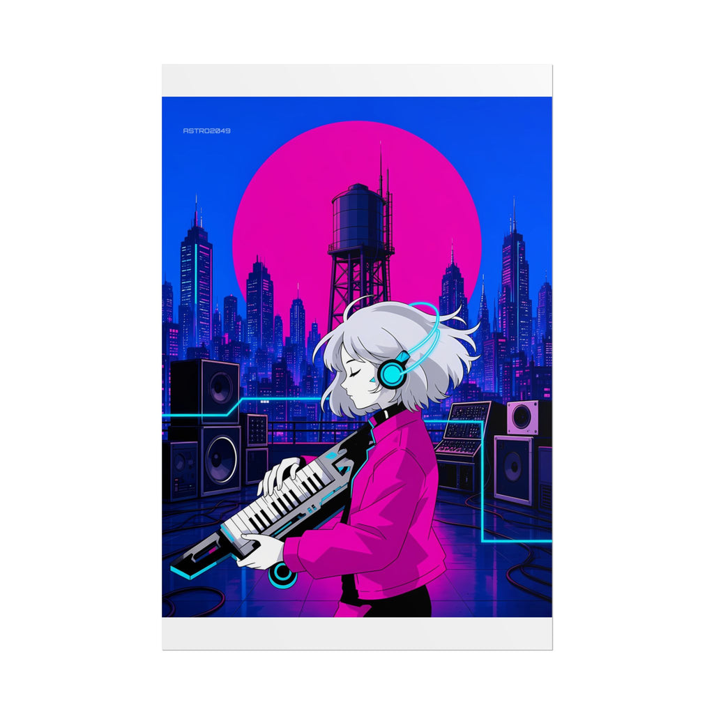 Vertical anime-style art of a white-haired synth girl with headphones playing a keytar in front of a magenta sun and blue city towers, poster by ASTRO2049
