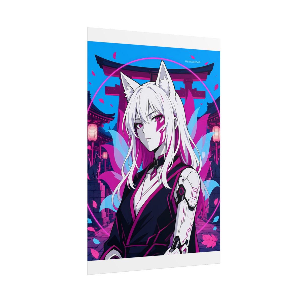 Cyber Kitsune Guardian poster hanging above a dark gaming desk with neon lighting, view 4 of 8