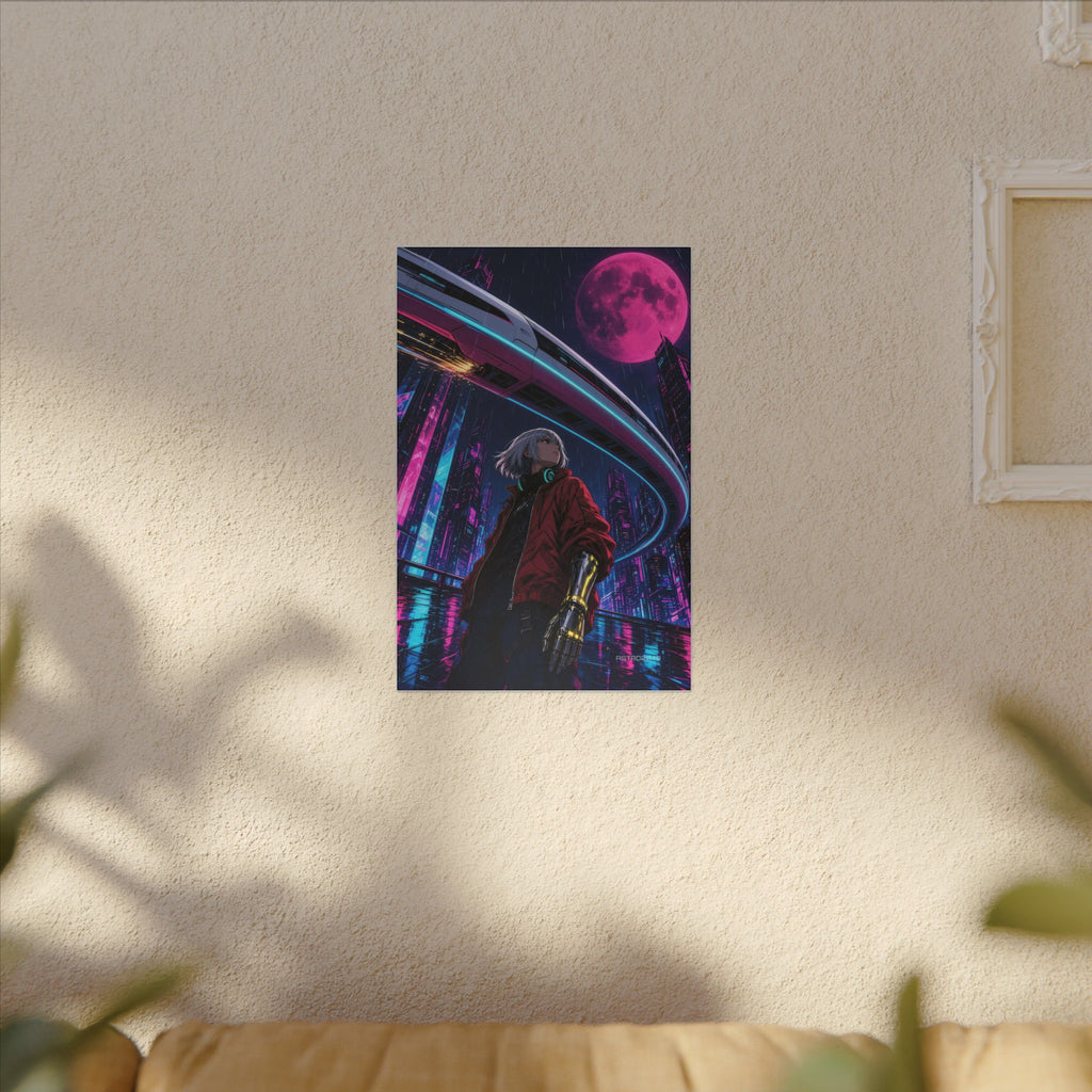 Midnight Monorail canvas hanging above a dark gaming desk with neon lighting, view 7 of 8