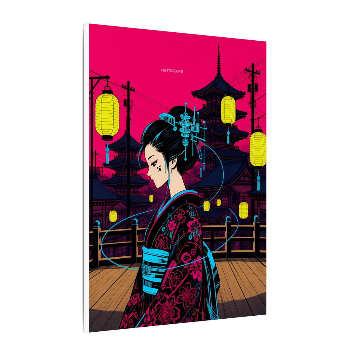 Lantern Bridge Geisha canvas hanging above a dark gaming desk with neon lighting, view 3 of 8