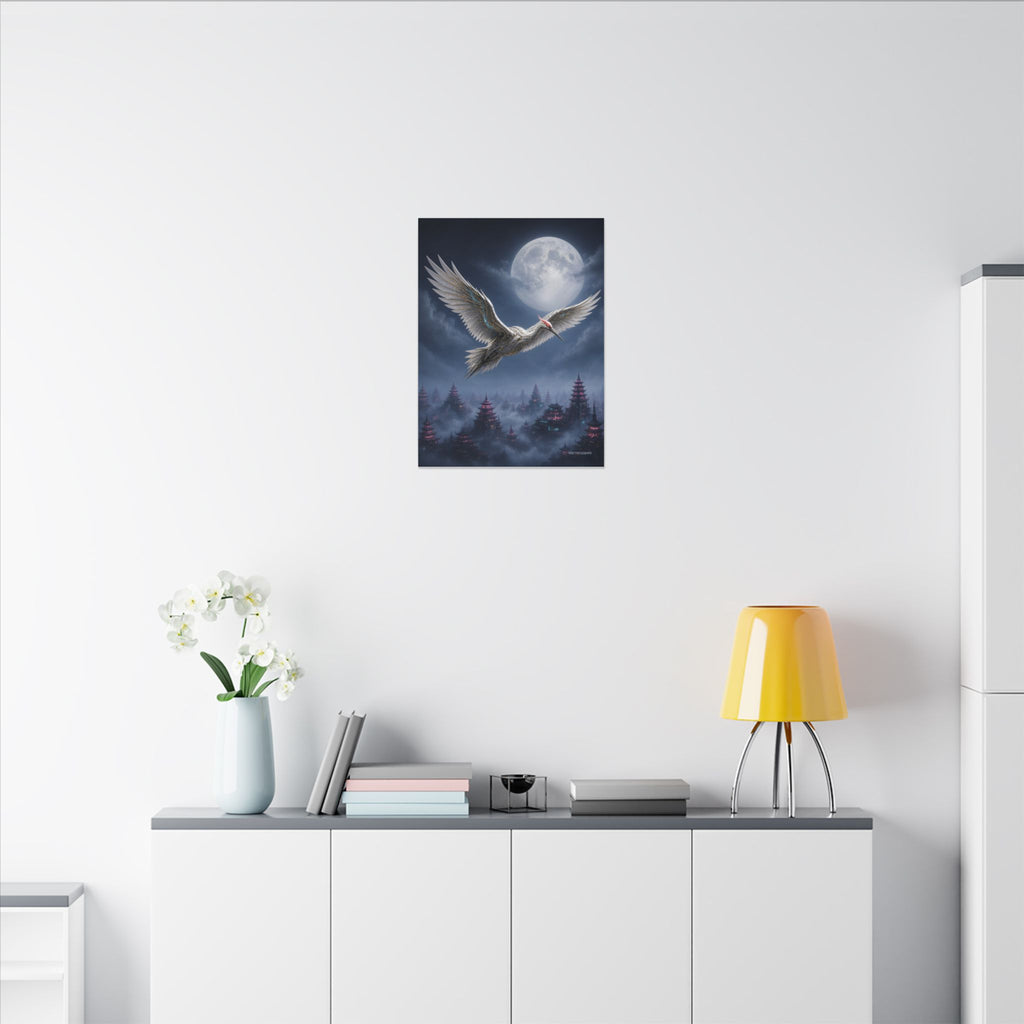Moon Circuit Crane canvas hanging above a dark gaming desk with neon lighting, view 5 of 8