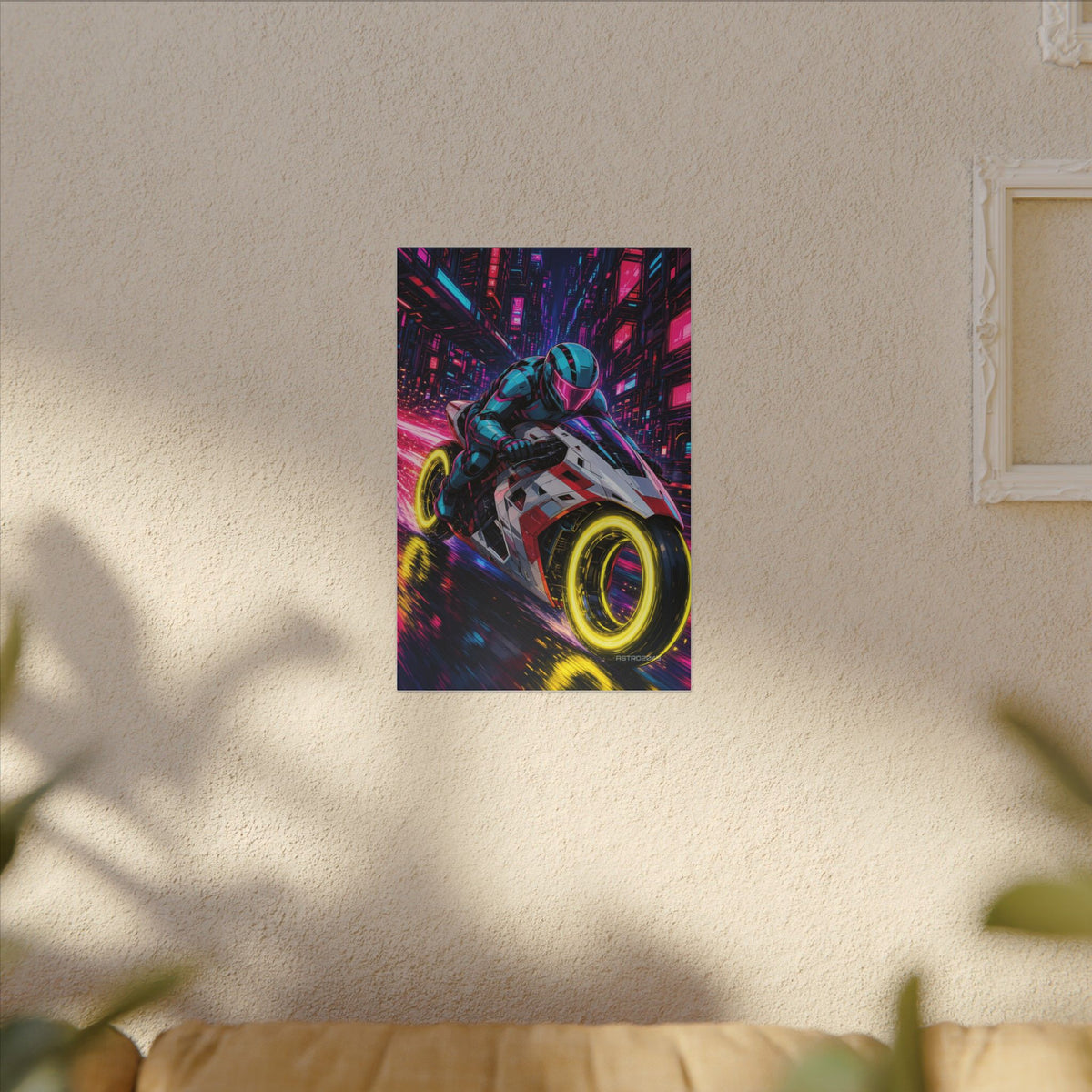 Hyperlane Rider canvas hanging above a dark gaming desk with neon lighting, view 7 of 8