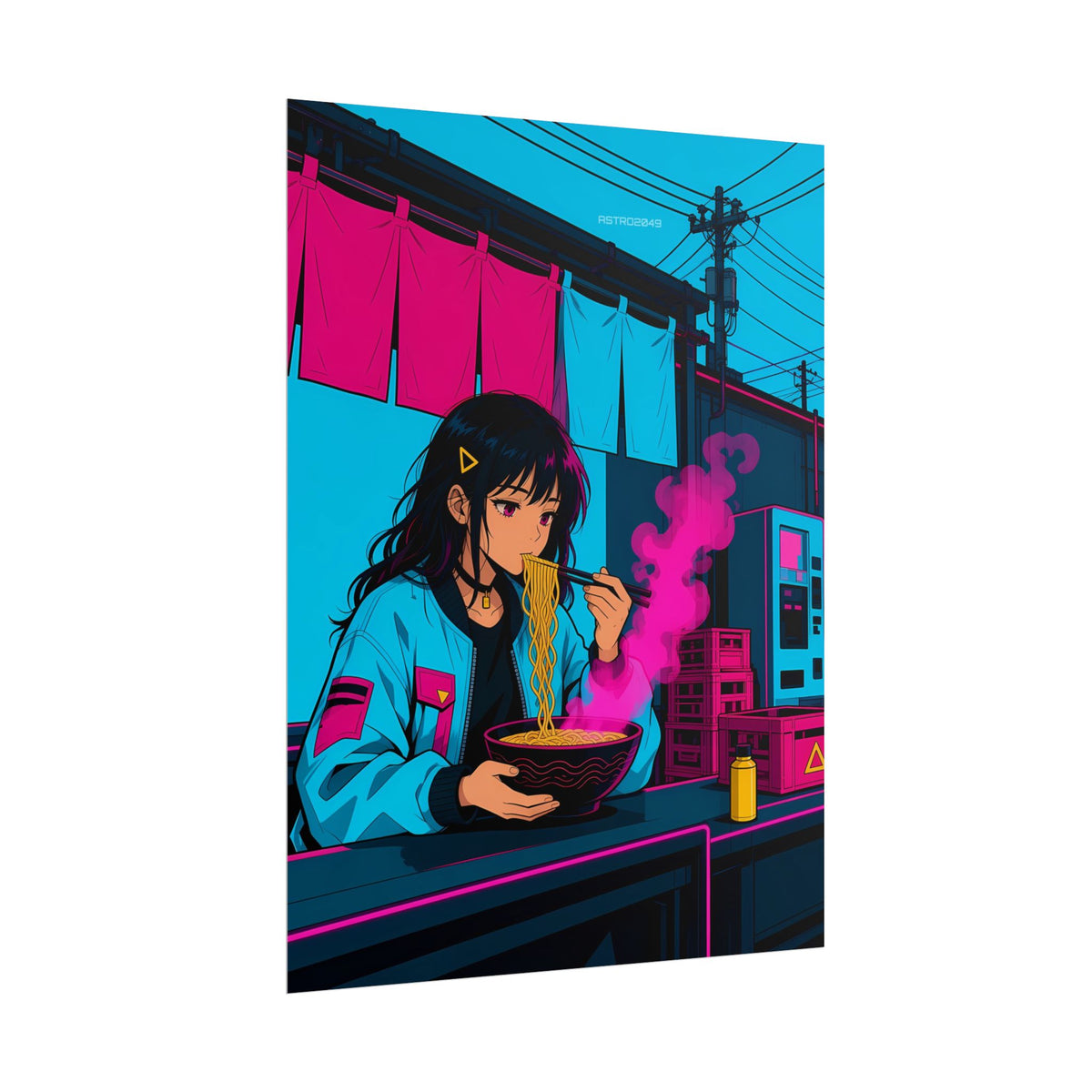 Ramen Stall Messenger poster hanging above a dark gaming desk with neon lighting, view 7 of 8