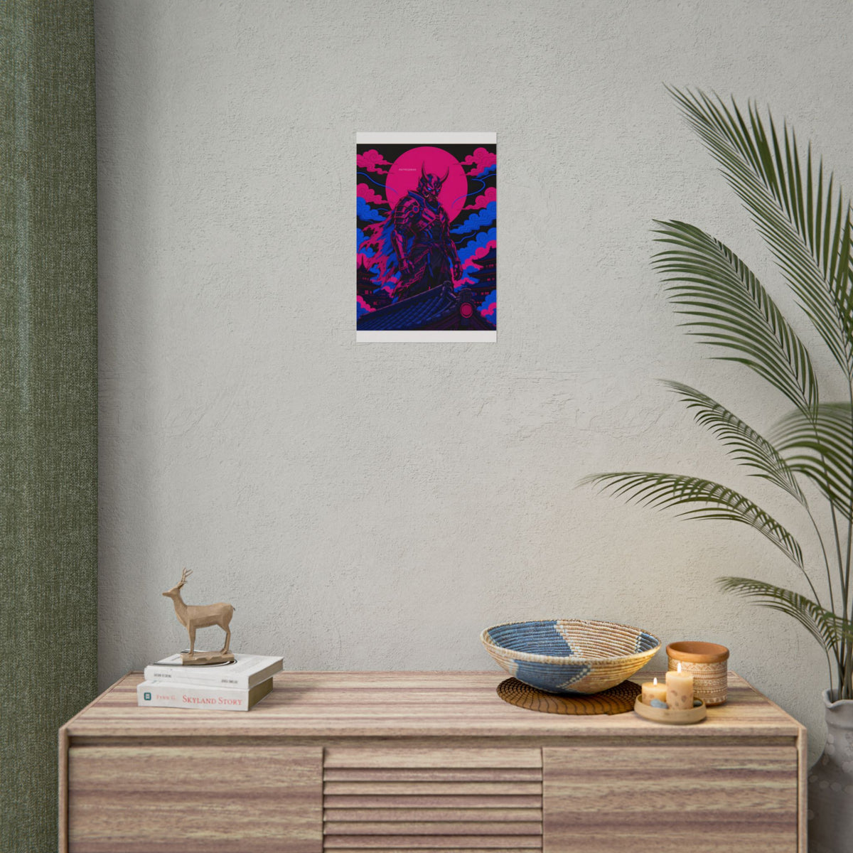 Temple Roof Oni Warlord poster hanging above a dark gaming desk with neon lighting, view 5 of 8