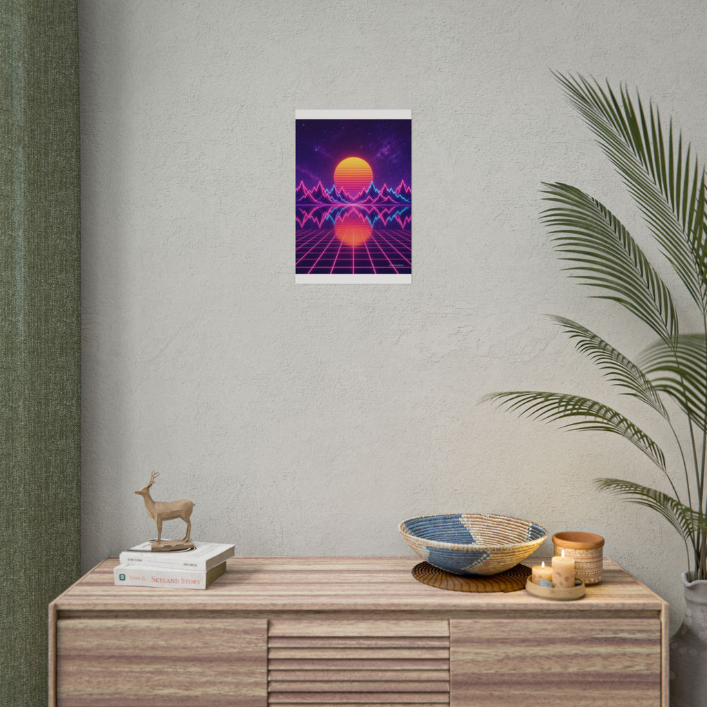 Waveform Sunset poster hanging above a dark gaming desk with neon lighting, view 5 of 8