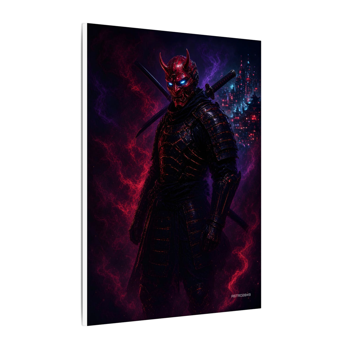 Oni Mask Ronin canvas hanging above a dark gaming desk with neon lighting, view 3 of 8