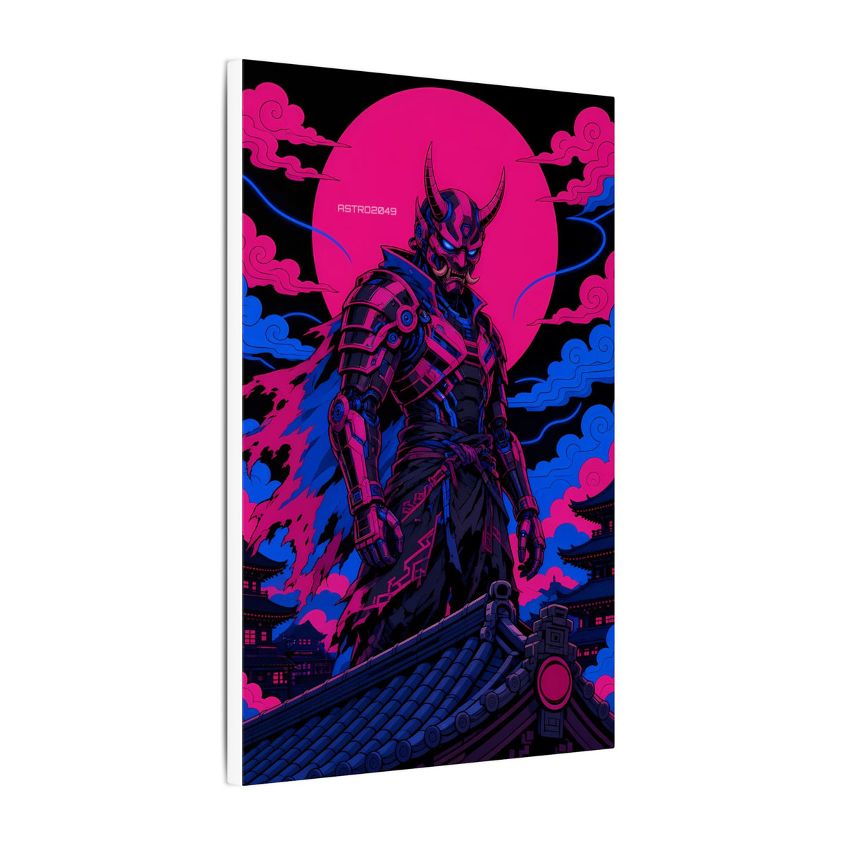 Temple Roof Oni Warlord canvas hanging above a dark gaming desk with neon lighting, view 6 of 8