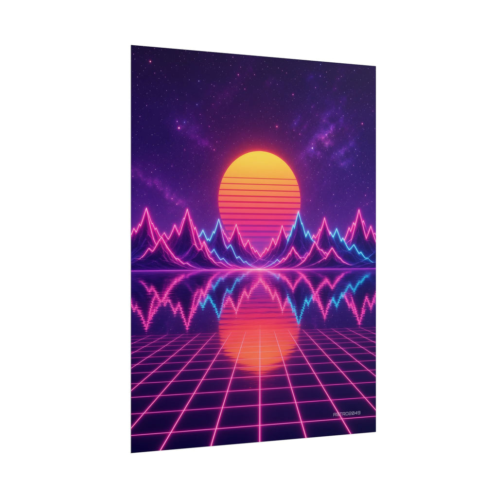 Waveform Sunset poster hanging above a dark gaming desk with neon lighting, view 7 of 8