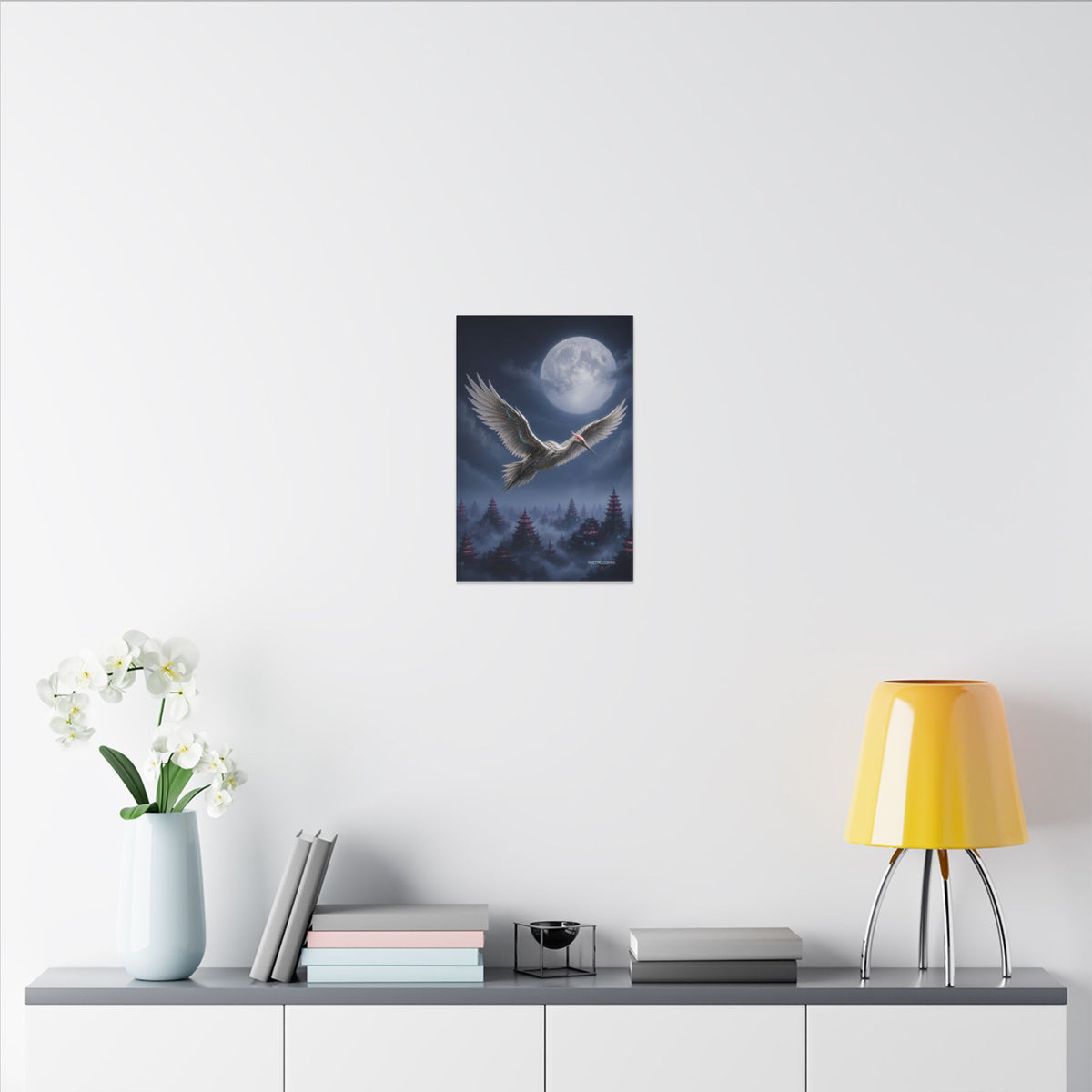 Moon Circuit Crane canvas hanging above a dark gaming desk with neon lighting, view 8 of 8
