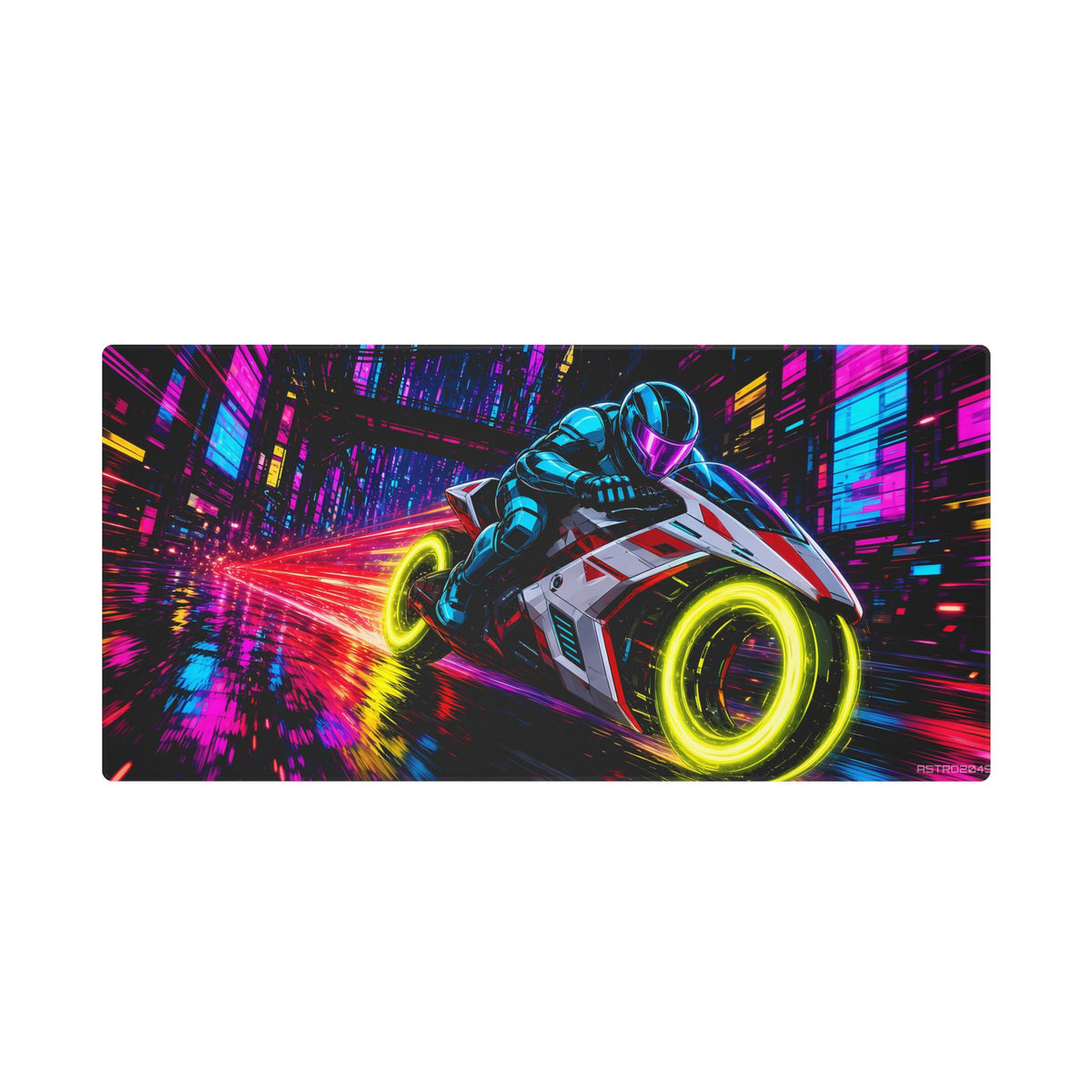 Hyperlane Rider desk mat under a keyboard and mouse in a dark neon gaming setup – 48 x 24 in