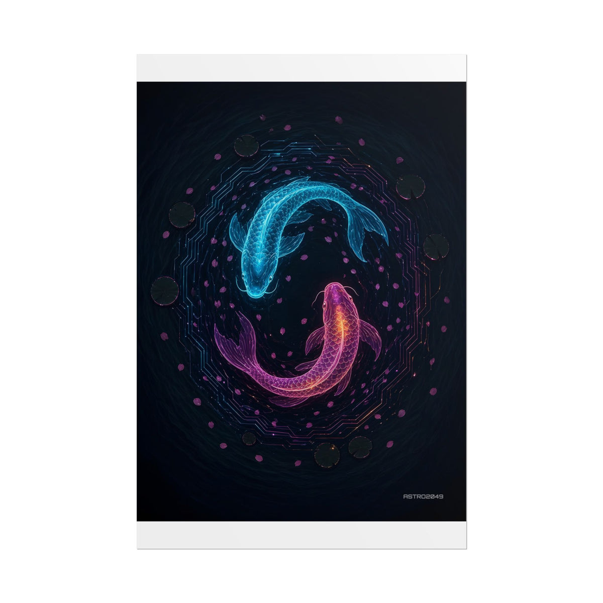Circuit Koi matte poster, 12 x 18 in – two glowing cyber koi circling in a dark circuit pond, original cyberpunk art by ASTRO2049