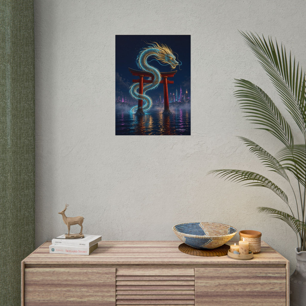 Tide Gate Dragon poster hanging above a dark gaming desk with neon lighting, view 8 of 8