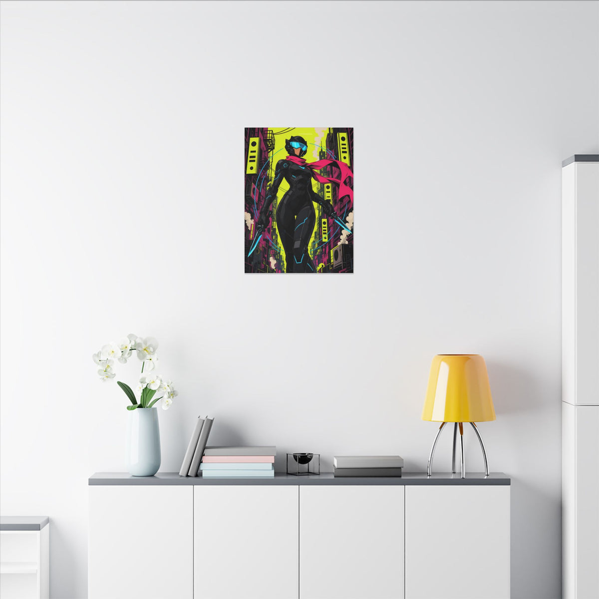 Vex Neon Ninja canvas hanging above a dark gaming desk with neon lighting, view 5 of 8