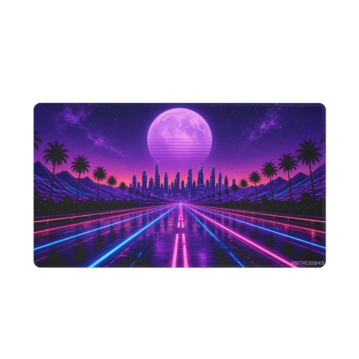 Synthwave night highway with magenta and cyan neon lane lines, palm trees and a chrome skyline under a striped violet moon, retrowave desk mat by ASTRO2049