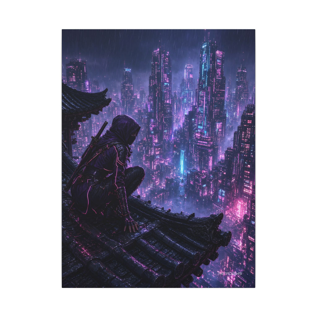 Vertical cyberpunk art of a masked kunoichi on a temple roof edge looking over a rainy neon city at night, canvas by ASTRO2049