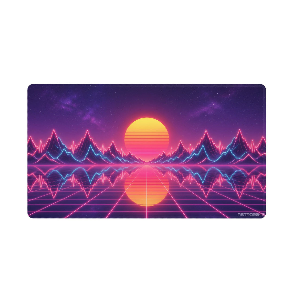 Retrowave landscape of neon pink and cyan mountains shaped like a sound waveform over a reflective ocean and grid shore under a striped setting sun, desk mat by ASTRO2049