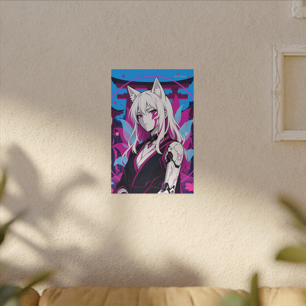 Cyber Kitsune Guardian canvas hanging above a dark gaming desk with neon lighting, view 7 of 8