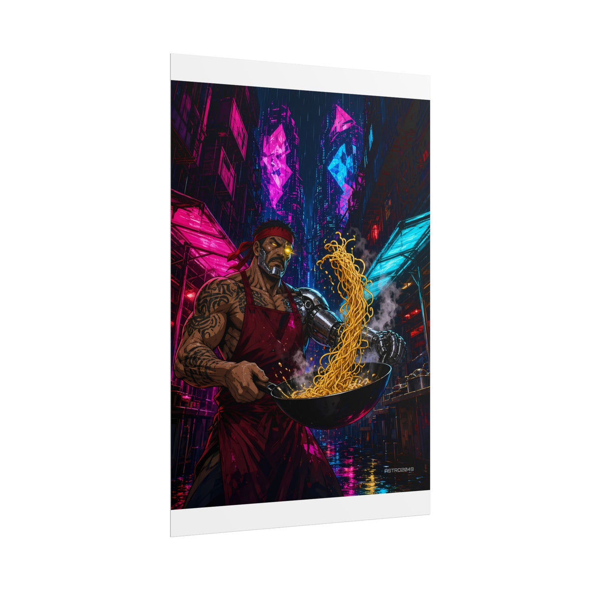Noodle Bar 2049 poster hanging above a dark gaming desk with neon lighting, view 4 of 8