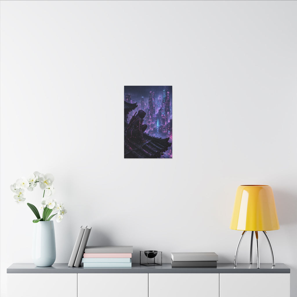 Neon Rooftop Kunoichi canvas hanging above a dark gaming desk with neon lighting, view 8 of 8