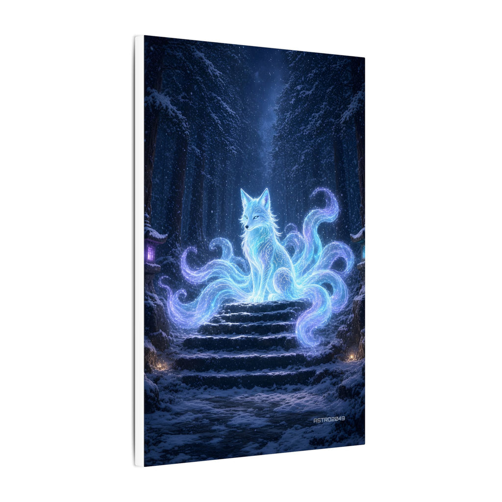 Snow Shrine Kitsune canvas hanging above a dark gaming desk with neon lighting, view 6 of 8