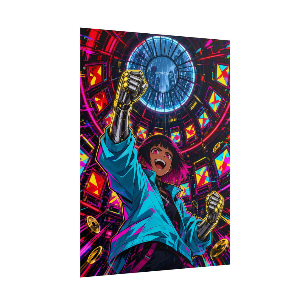 Arcade Nights 2049 poster hanging above a dark gaming desk with neon lighting, view 7 of 8