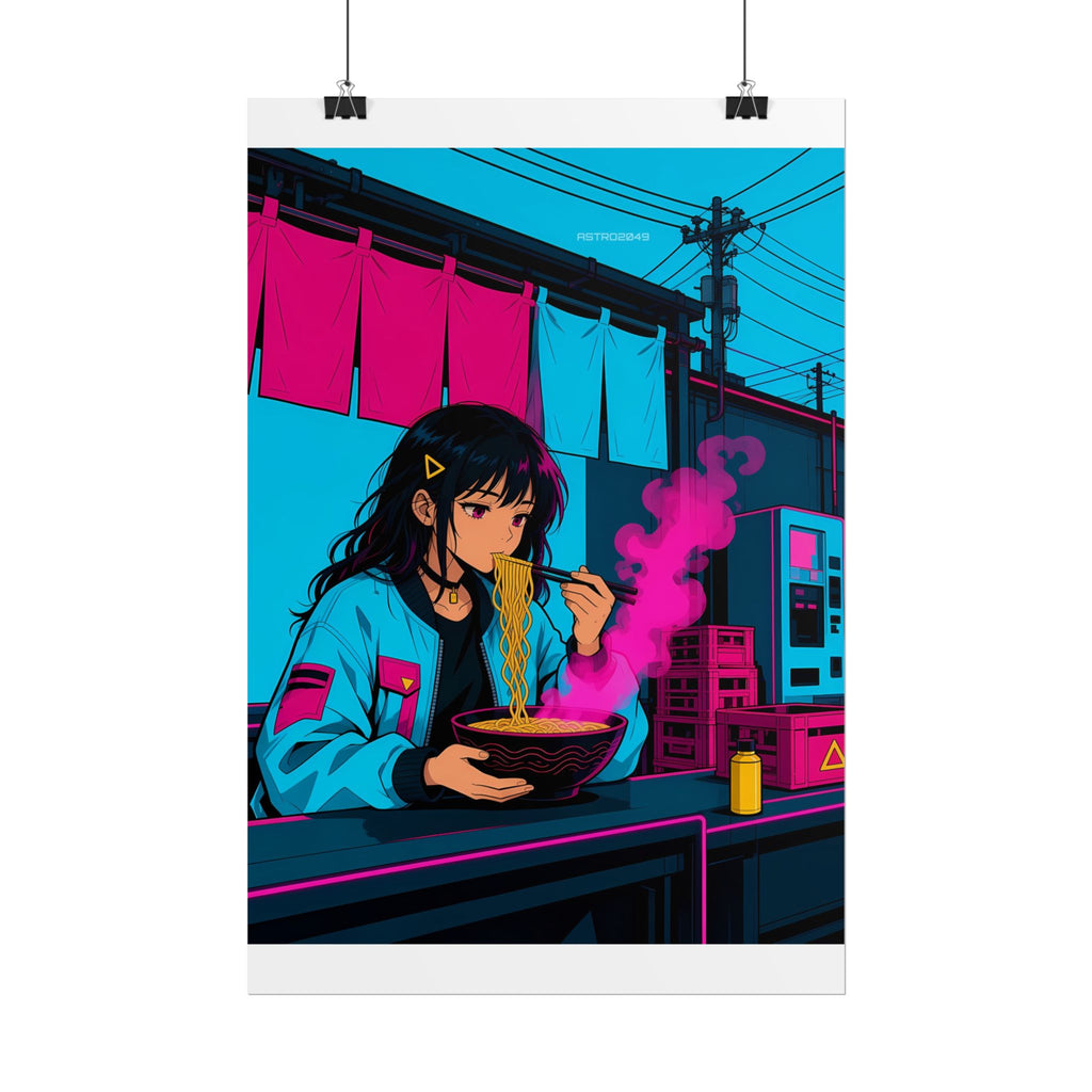 Ramen Stall Messenger poster hanging above a dark gaming desk with neon lighting, view 3 of 8