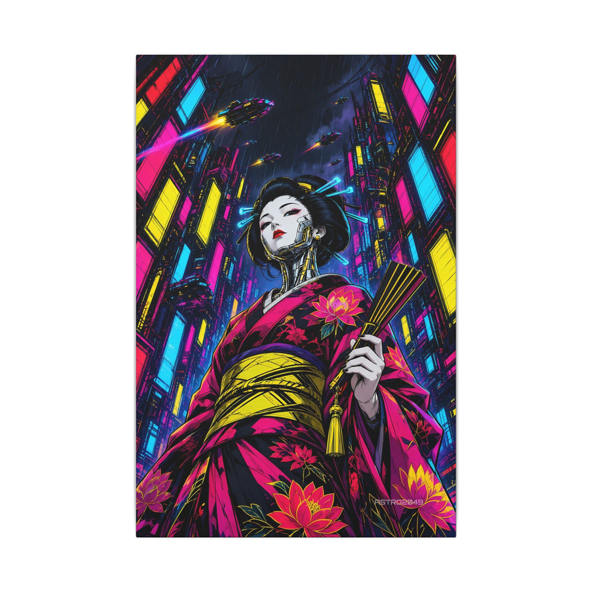 Chrome Lotus Geisha canvas hanging above a dark gaming desk with neon lighting, view 2 of 8