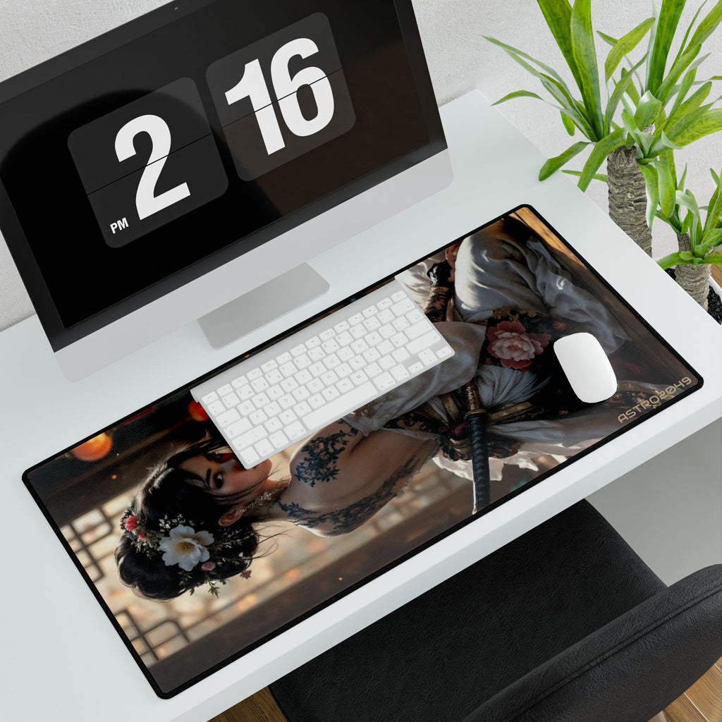 Lantern Dojo Geisha desk mat on a desk with keyboard and mouse, view 4 of 9