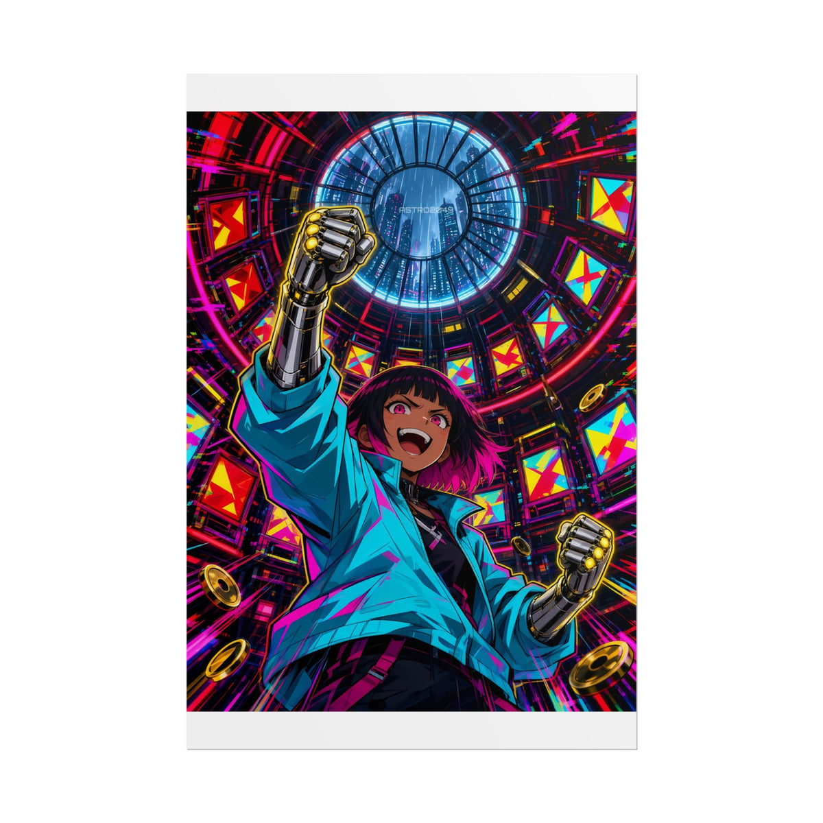 Vertical anime-style art of a cheering gamer in a cyan jacket raising chrome fists under a round skylight, surrounded by glowing arcade screens and flying gold tokens, poster by ASTRO2049