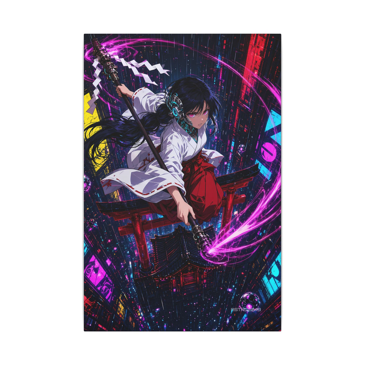 Neon Shrine Maiden canvas hanging above a dark gaming desk with neon lighting, view 2 of 8